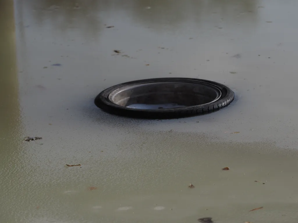 a car tire in a slushy portion of a frozen river