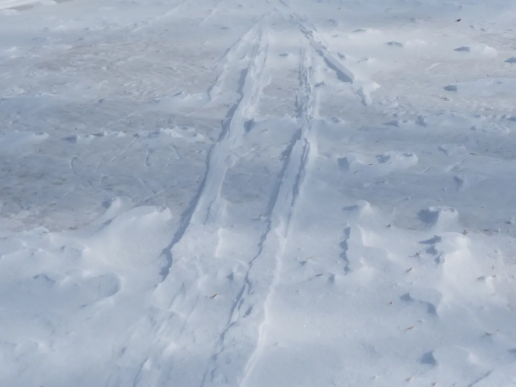 inverted ski tracks on a frozen river