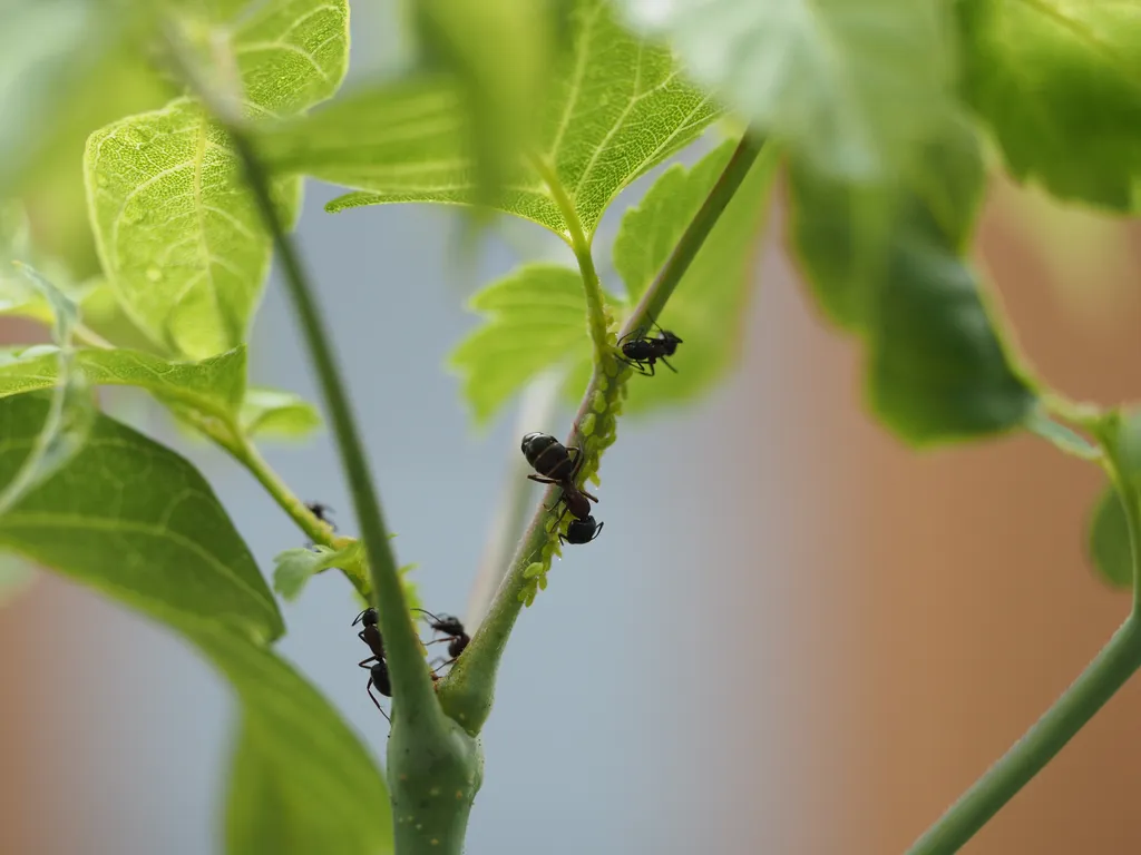 a giant ant and several smaller ants on the aphid-covered stem of a plant