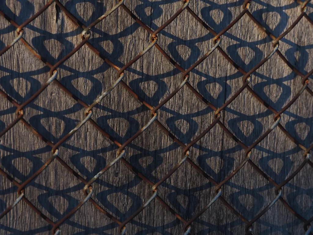 a rusty chainlink fence casting loop-shaped shadows on the back of a wooden sign