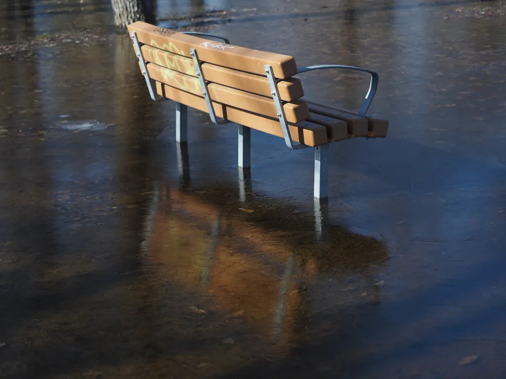 a park bench in a large frozen puddle